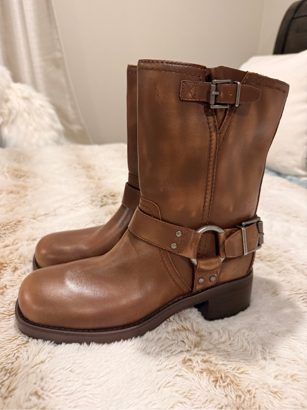 Vince Camuto Kachie Brown Leather Harness Moto Boots Size 7.5M NEW